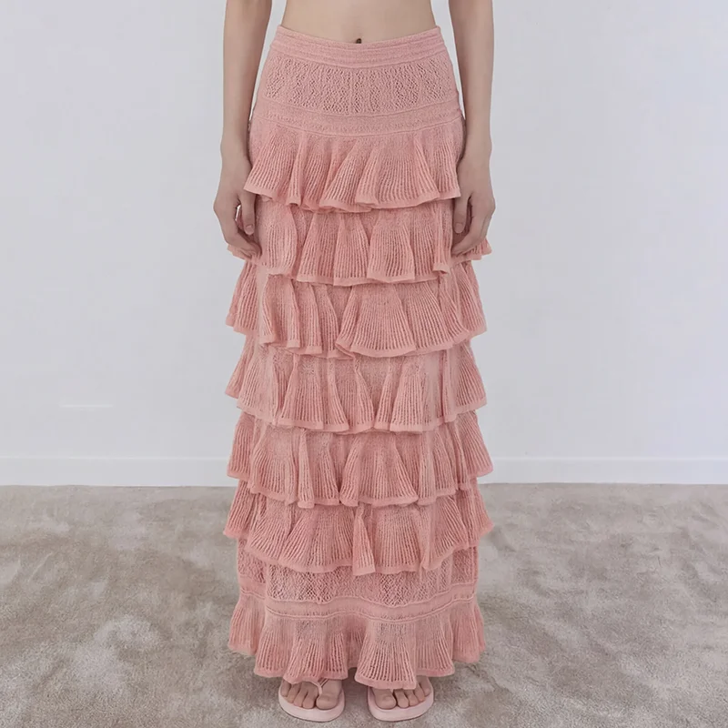 

Женская юбка: Новая эластичная вязаная длинная юбка на весну 2026 года, с многослойным оборчатым краем, облегающая женская полуюбка с высокой талией, юбка-кейк.