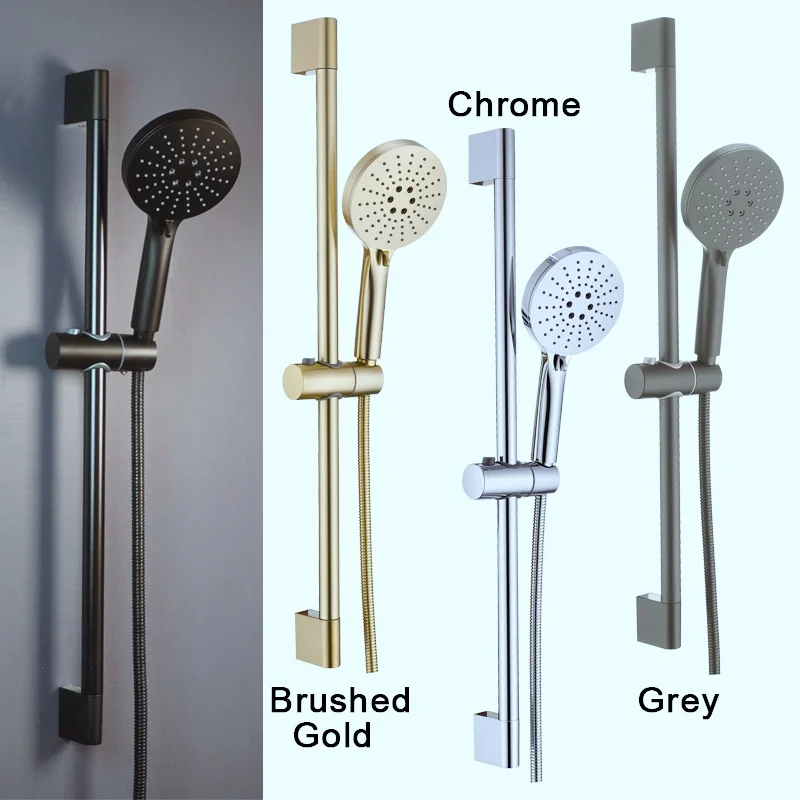 Wall Mounted Adjustable Slide Shower Bar Bathroom Shower Riser Sliding Bar Set with Hose and Shower Black Gold Minimalist Style