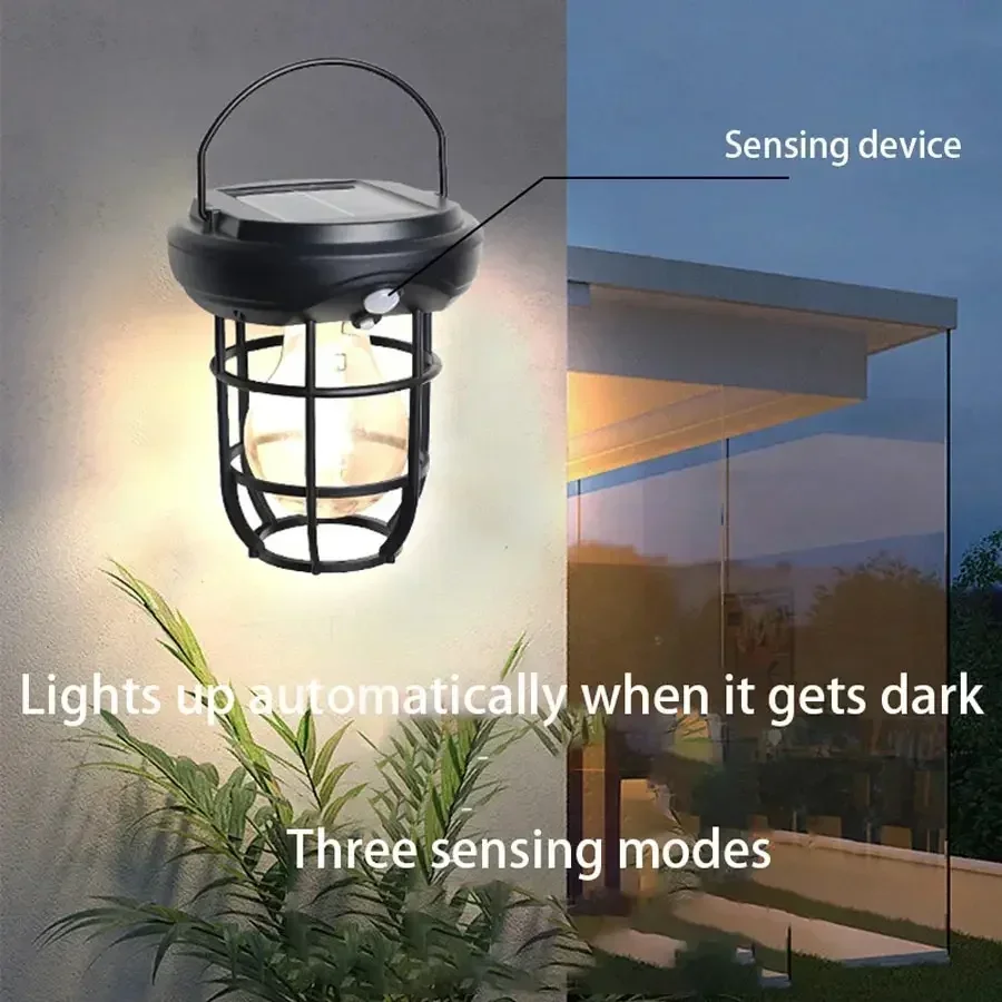 Outdoor Solar Retro Wall Light Human Body Sensor Tungsten Camping Lamp Waterproof Garden Courtyard Villa LED Lighting Lantern