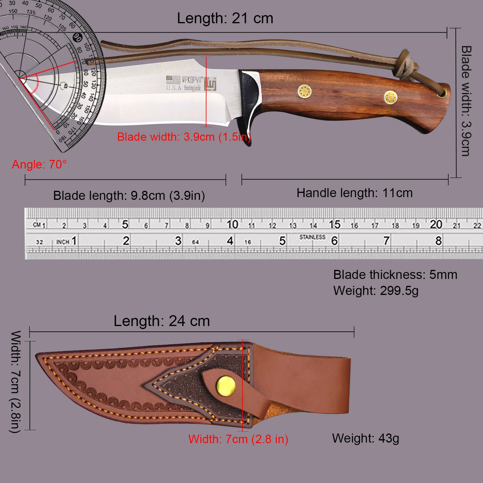 WPKOPYA USA M390 Hunting Full Tang Straight Knife + Sheath, Outdoor Survival Straight Knife, EDC Tactical Knife