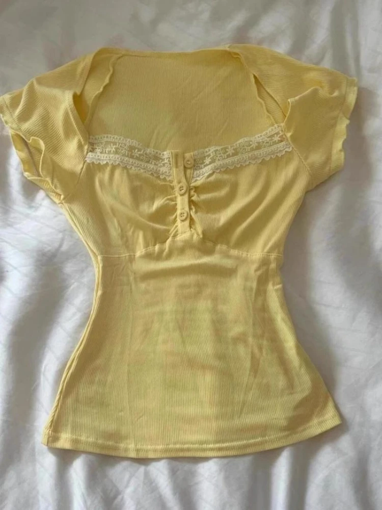 

Summer Vintage Skinny Patchwork T-Shirts Women Design Chic New Yellow Tees Female High Street Fashion Retro Slim Square Neck Top