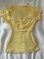 Summer Vintage Skinny Patchwork T-Shirts Women Design Chic New Yellow Tees Female High Street Fashion Retro Slim Square Neck Top