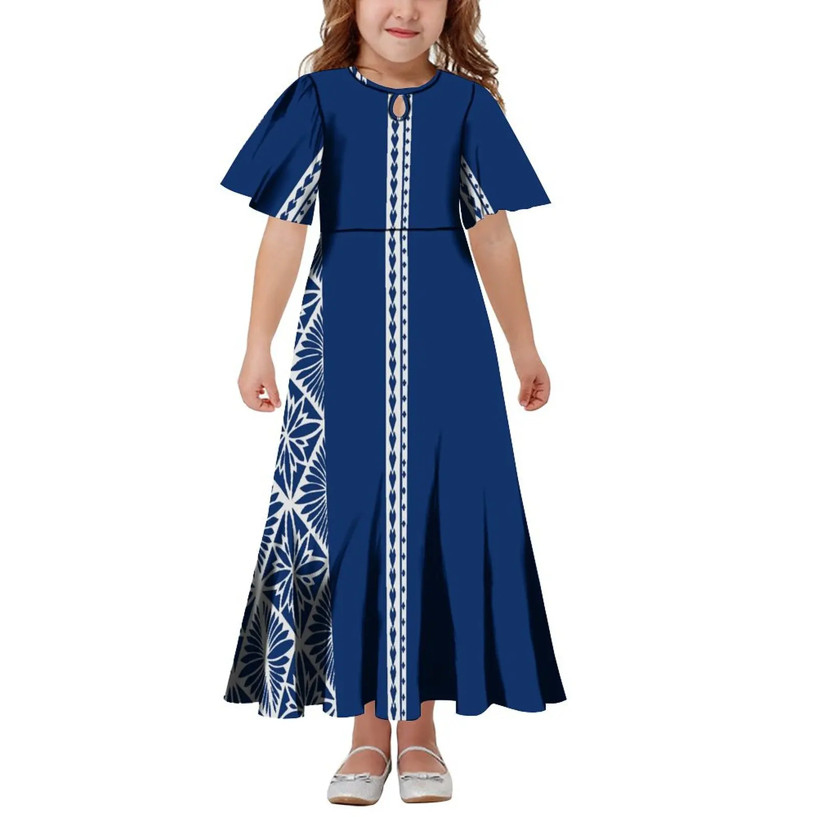 

Polynesian Lslands Print Custom Design Girls Puffy Sleeve Dress Fashion Children's Casual Dress With Crew Neck