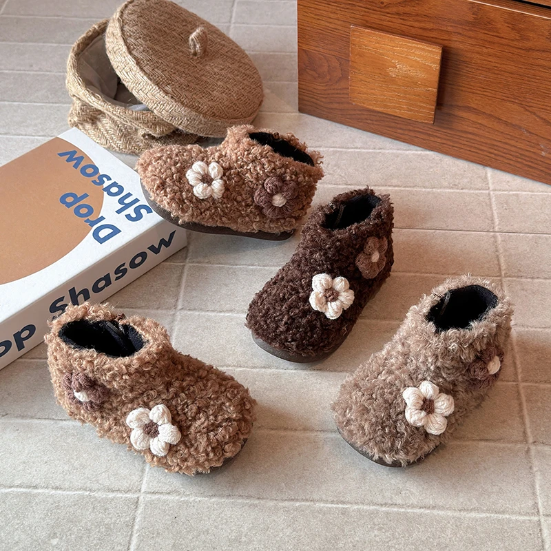 Toddler Girls Faux Shearling Ankle Boots 2026 New Winter Kids Warm-lined Cotton Boots Non-slip Trendy Princess Style Party Boots