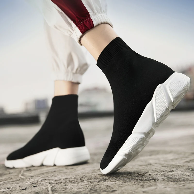 Black Knit Socks Shoes Men High Top Casual Sneakers Lightweight Breathable Running Shoes for Men Comfort Couple Sports Sneakers