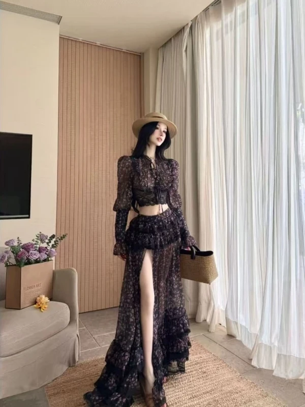 

Retro Lace Trim Mesh Short Top Women's Low Waist Long Dress Summer Sexy Island Vacation Style Fashion Set Casual Work Uniform