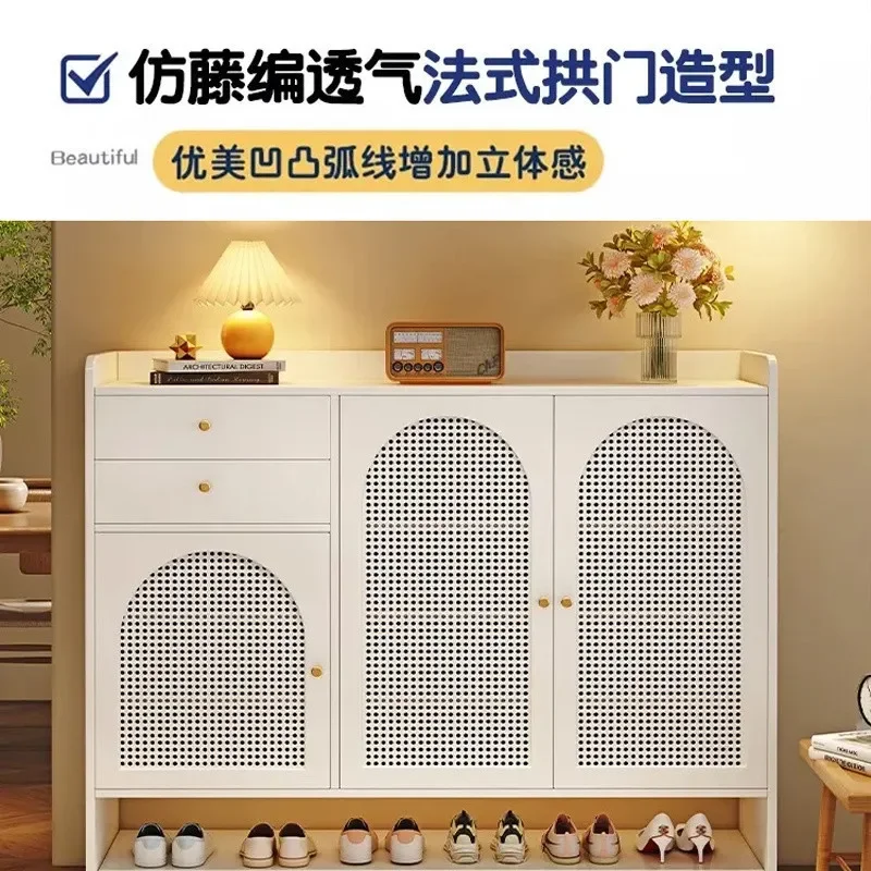 Solid wood shoe cabinet storage against wall entrance foyer to the door household oversized shoe breathable multi-layer rattan