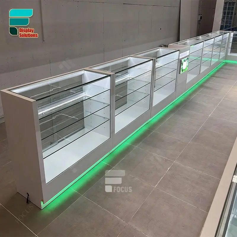 (customized)Hot Selling Shop Counter Display Stand Shop Glass Cabinet Shelves Dispensary Display Counters Smoke Shop Dis