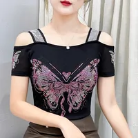 2026 Sexy Off Shoulder T-Shirt For Women Clothes Luxury Flower Diamonds Short Sleeve Tees Summer Fashion Female Mesh Top Shirts - Image 3
