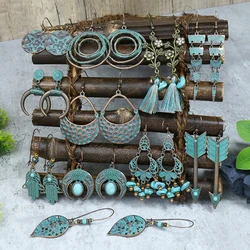 Pendientes largos con cuentas de piedra azul estilo bohemio Vintage para mujer, aretes largos con borlas, diseño geométrico étnico, flor y hoja, joyería de moda