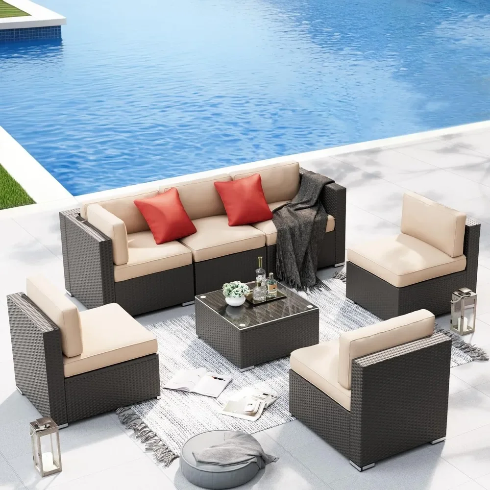 

7-Piece Outdoor Patio Furniture Sofa Set All-Weather Black Wicker Sectional Conversation Set with Modern Glass Coffee Table