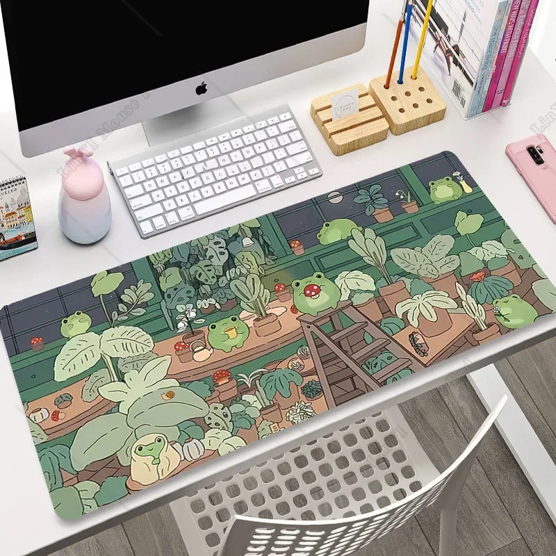 Green Plant Gaming Mousepad None Slip Rubber Base Mouse Mat Keyboard Desk Pad Kawaii Cat Mousepads XXL 90x40 cm for Office Work