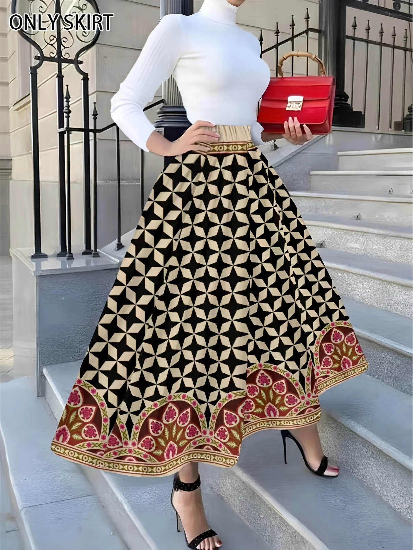 Printed Design Women's Black Beige Geometric Triangle Print Ethnic Floral Hem High Waist Midi Skirt