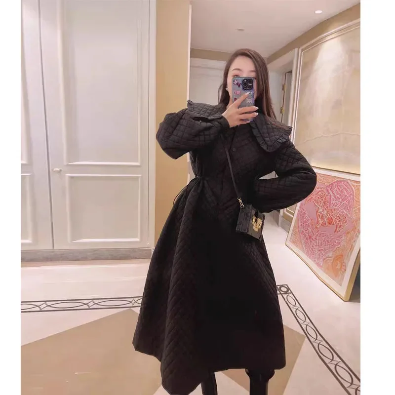 Diamond Plaid Temperament Cotton Coat Cotton Coat Women\'s 2023 Mid length Winter Loose Simple Slim and Thickened Coat Commuting