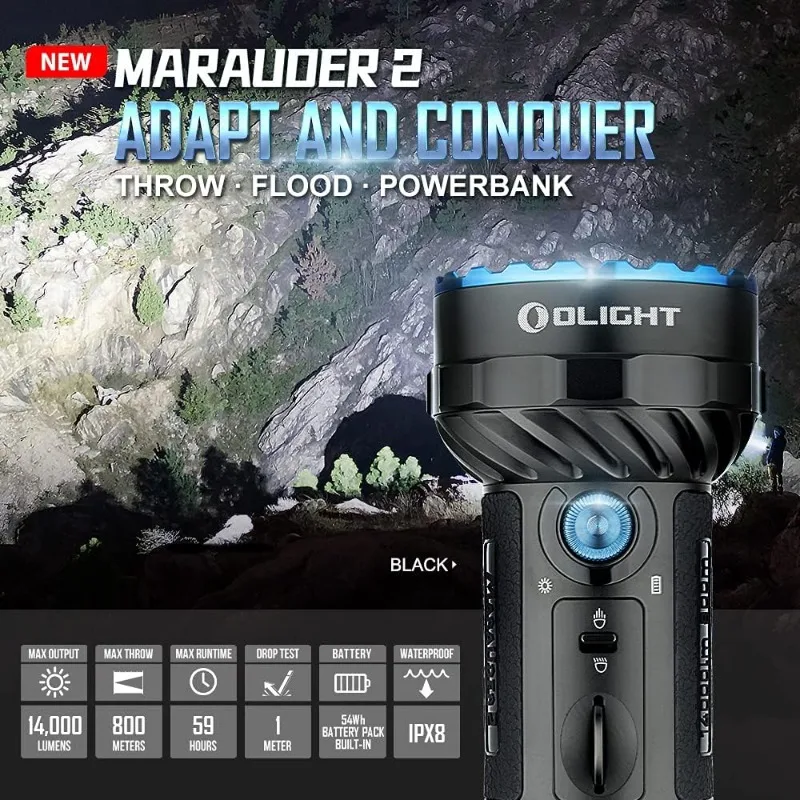 Marauder 2 Rechargeable Handheld Flashlight 14,000 Lumens Ultra Bright Flashlight with 3X Build-in Battery Pack for Home