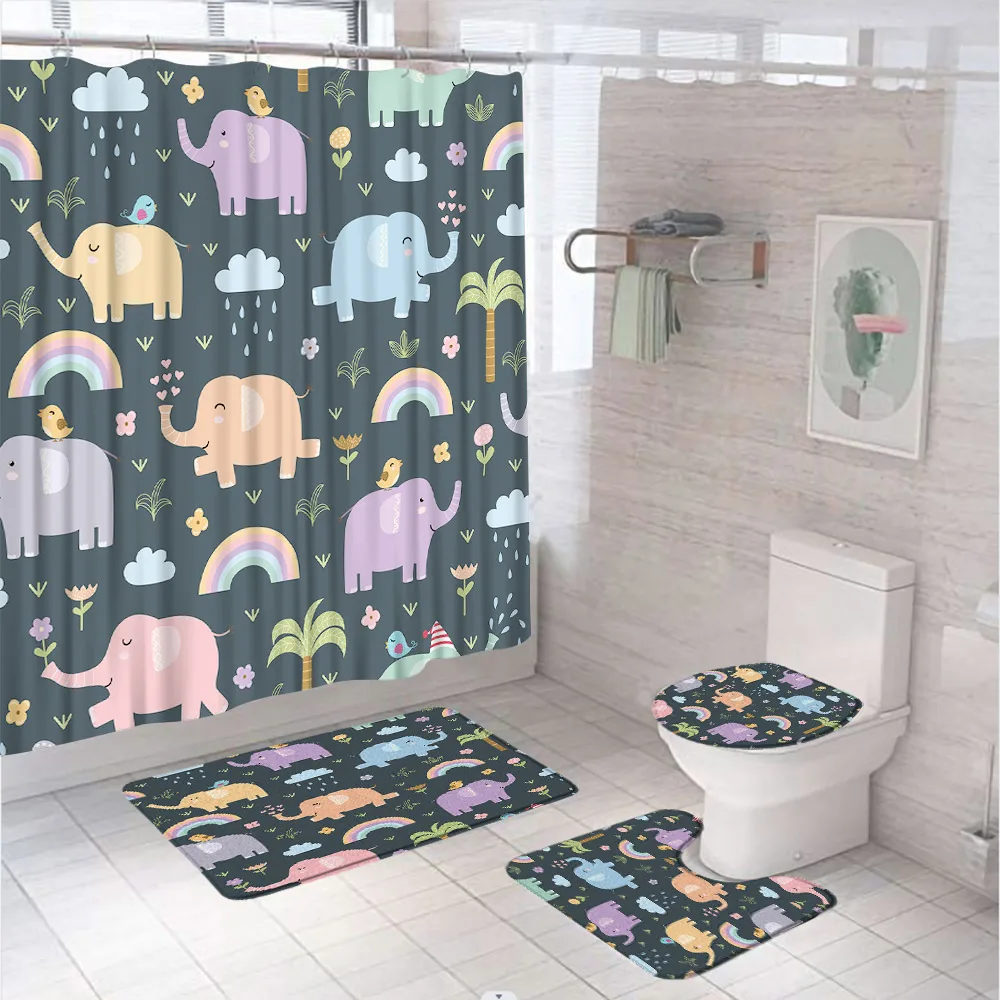 

Colorful Elephant Shower Curtain Sets with Rug Cartoon Forest Rainbow Bird Bathroom Curtains Bathtub Decor Bath Mat Toilet Cover