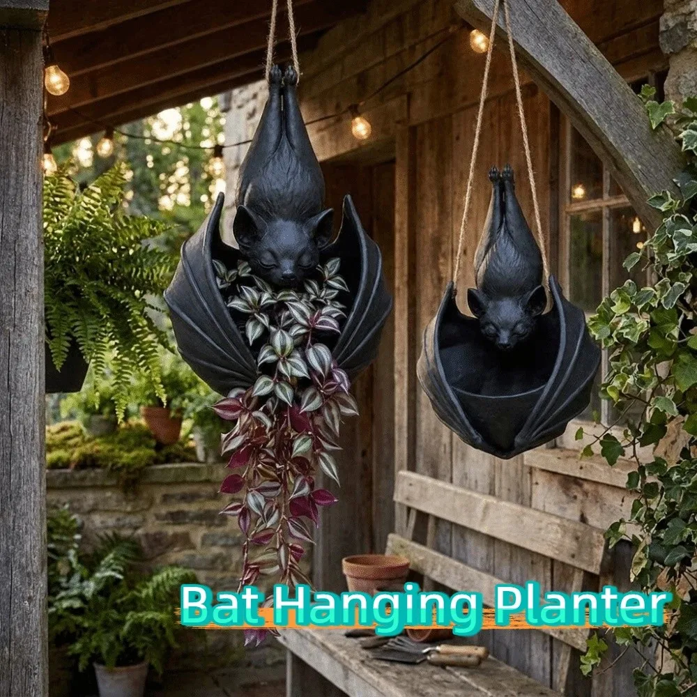 Gothic Style Bat Hanging Planter Creative Whimsical Hanging Succulent Planter Black Plastic Bat Wing Flowerpot Garden Decor