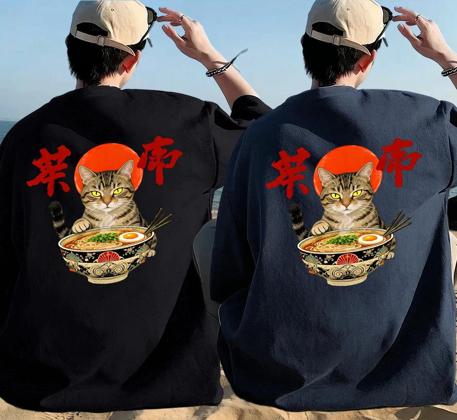 

Летний тонкий хлопковый комплект одежды с принтом «Кот, который любит есть лапшу»: мужская молодежная пляжная футболка в стиле хип-хоп, уличная, с коротким рукавом