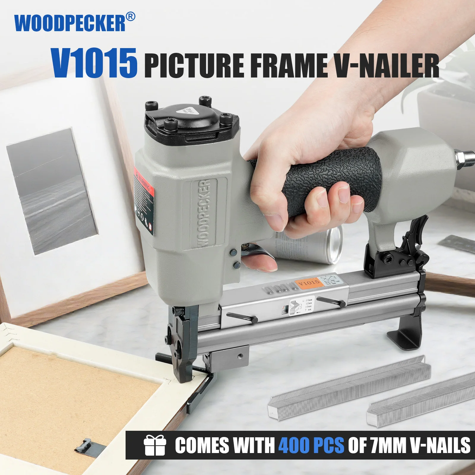 WOODPECKER V1015 30 Gauge V-Nailer, Drives 5-15mm V-Nails – Professional Picture Frame Joiner Tool for DIY Picture Frames Making