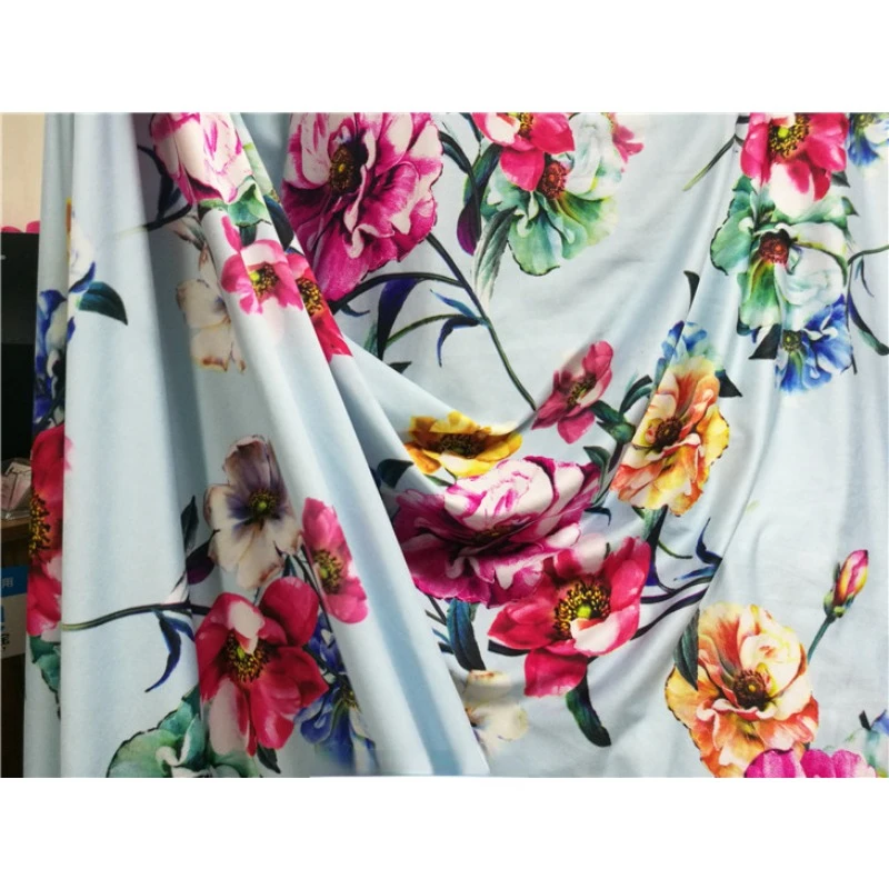 New Flower Type Light Blue Bottom Big Flower Milk Silk Printed Fabric Dress Long Skirt Cheongsam DIY Fabric