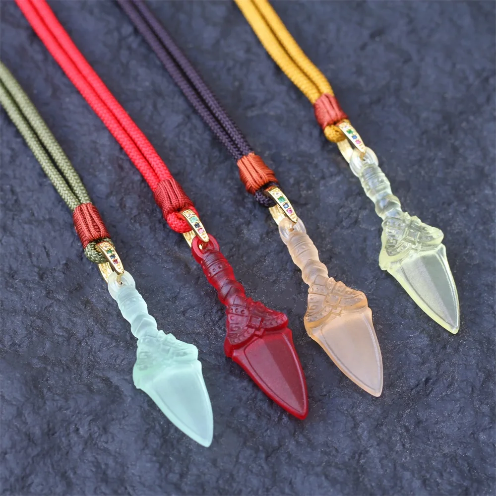 Chinese Style Lucky Blessing Liuli Manjushri Sword Pendant Necklace Wisdom Amulet Adjustable Braided Rope Jewelry For Men Women