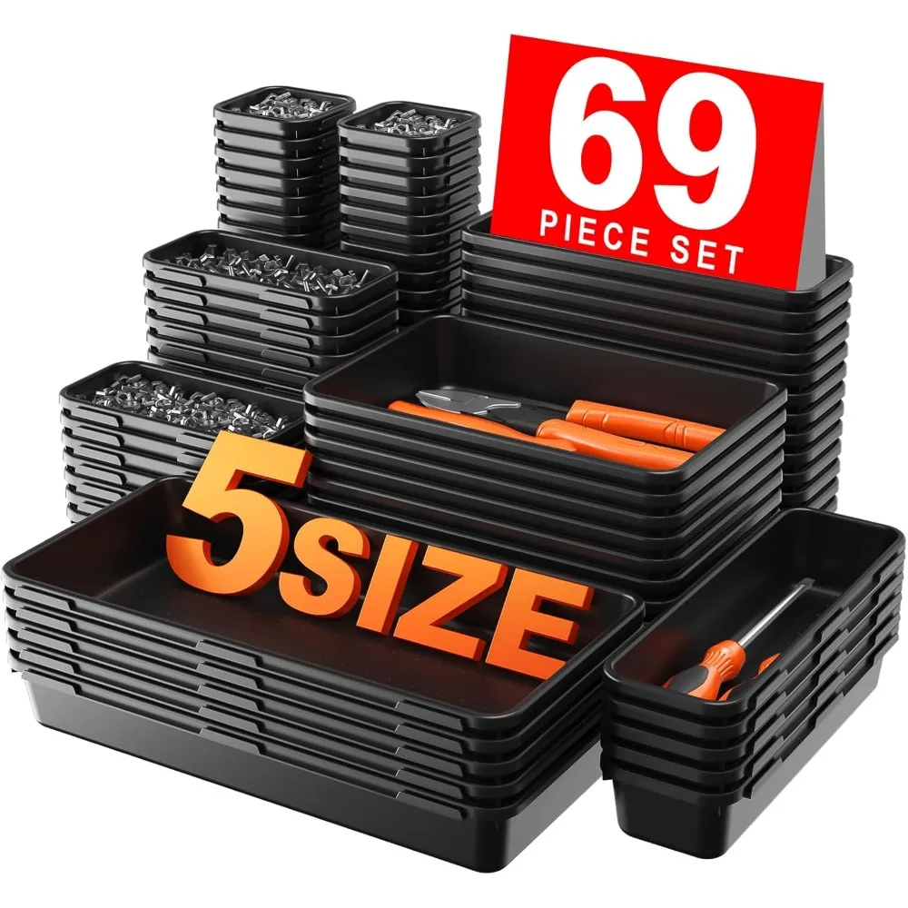

69-Piece Tool Box Organizer Set with 5 Sizes, Black Drawer Tray for Garage and Workbench Storage