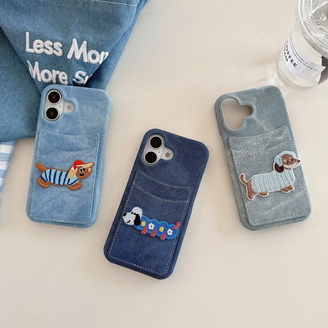 Cute Cartoon Embroidered Sausage Puppy Denim Card Slot Pocket Wallet Case For iPhone 11 12 13 14 15 16 Pro Max Plus Phone Cover