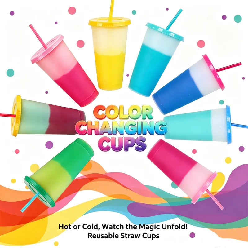 5 Pack 16OZ 475ml Cold Activated Color Changing Plastic Cups Single Layer PP Kids Fruit Tea Straw Tumbler