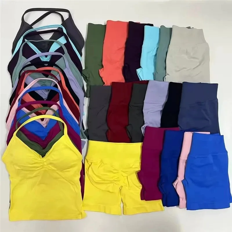 Ensemble de yoga sans logo pour femme, 2 pièces : soutien-gorge de sport, short sans couture, débardeur dos nu, taille haute, effet froncé, tenue de sport pour femme