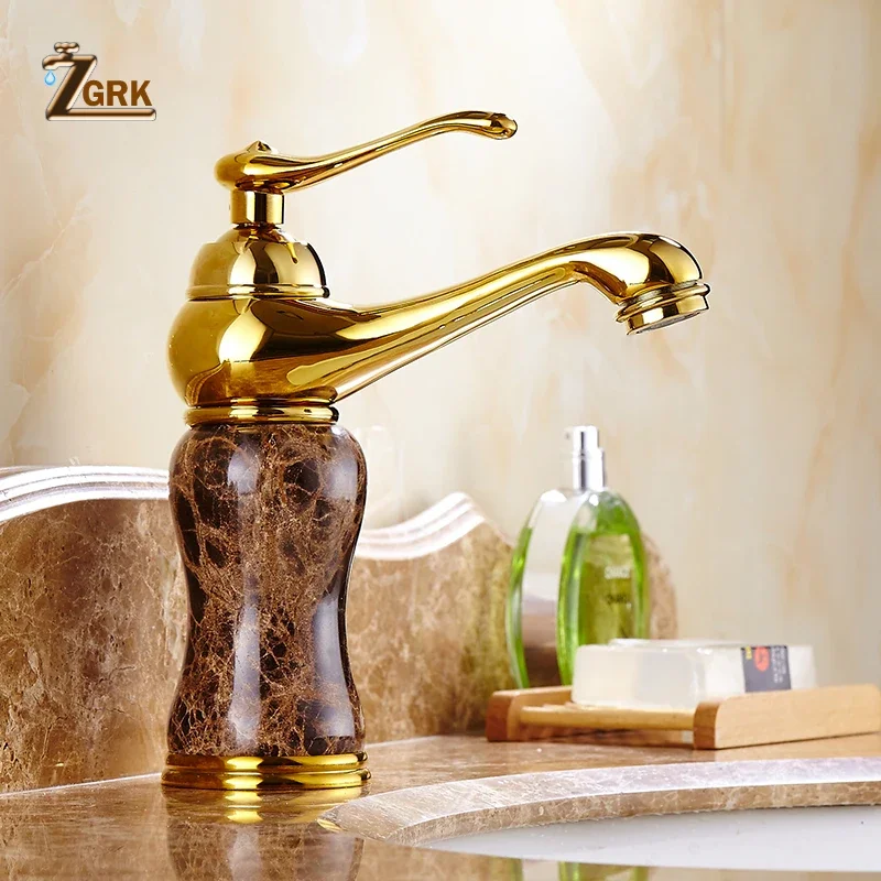 Luxury Golden Faucet Coffee Color Marble Bathroom Sink Faucet Hot and Cold Water Mixer Sink Tap Deck Mounted Gold Tap 