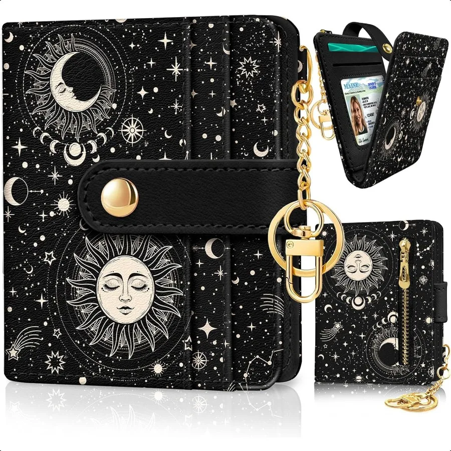 

Sun and Moon Rfid Women Wallet Small Slim Thin Credit Card Wallet PU Leather Bifold Cash Zipper Coin Pocket ID Window for Femal