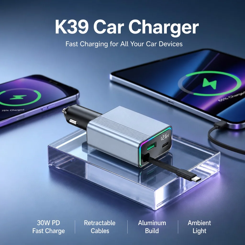 4-in-1 Retractable Car Charger PD30W QC3.0 Fast Charging 12V/24V Type-C USB 5V3.1A Aluminum Body with RGB Ambient Light