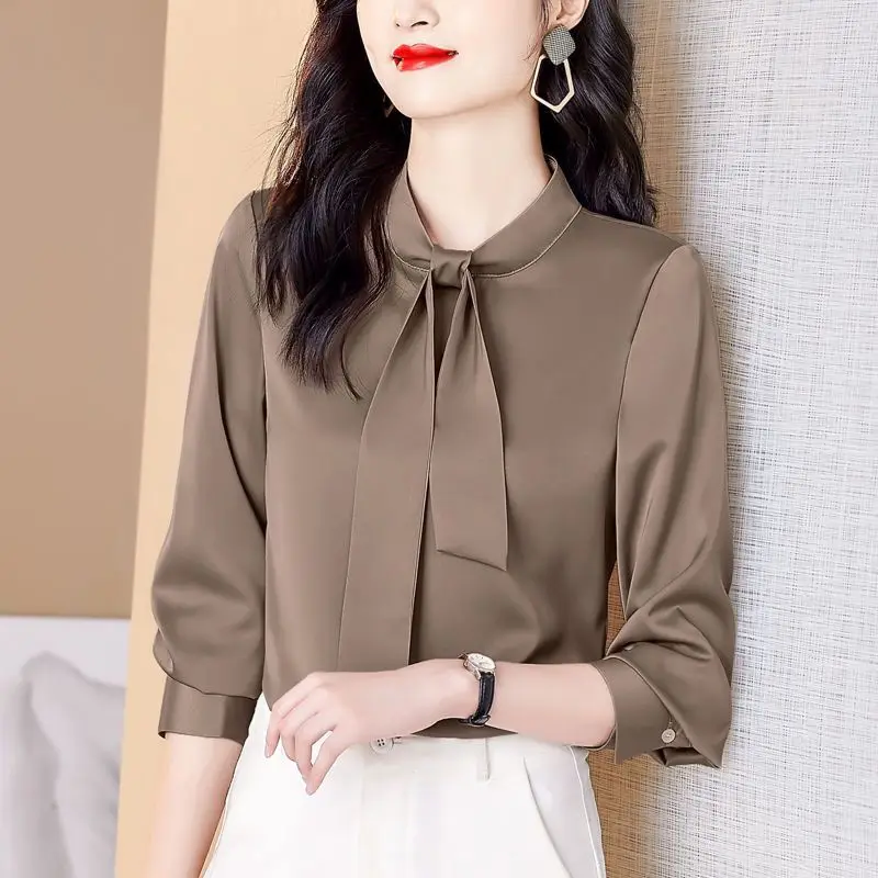 Elegant Solid Color All-match Lace Up Satin Blouse Women's Clothing 2023 Spring New Casual Pullovers Loose Office Lady Shirt