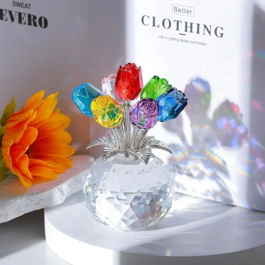 Ramo Rosas Rojas Cristal Jarrón Redondo, Figuritas Adorno Regalo Mujeres Románticos Elegante Único