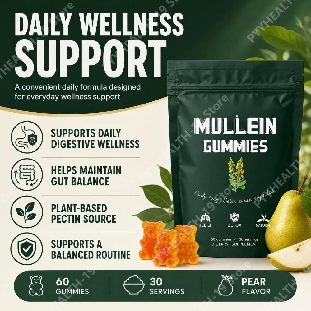Mullein Gummies 1000mg, 50:1 Extract, 60 Count Supports Daily Digestive Wellness & Gut Balance, Pear Flavor, Clean Taste Profile