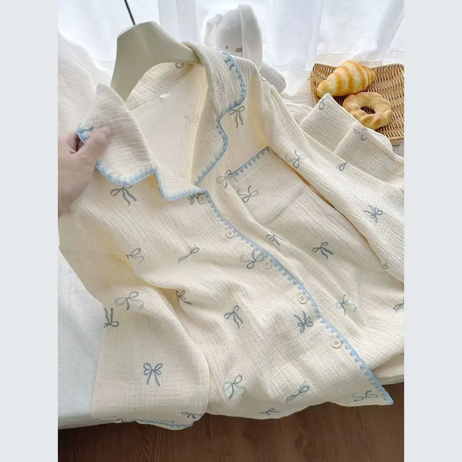 Cloud Cotton Moon Crescent Collar Long Sleeve Pajamas for Women, New Spring and Autumn Style, Cute Bow, Loose and Sweet Set