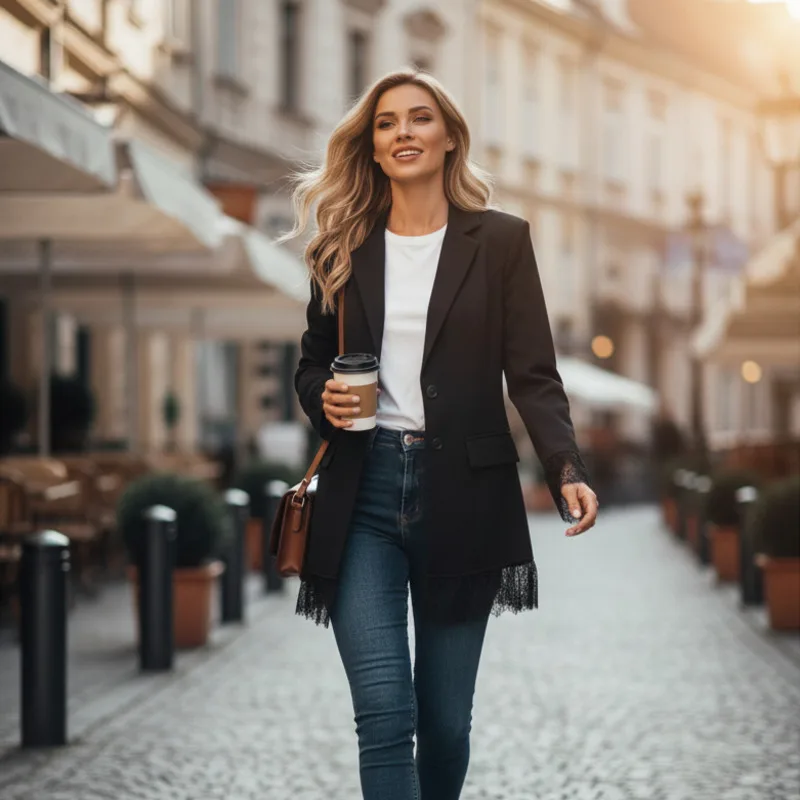 

Elegant Lace Trim Blazer Coat For Women In A Slim Fit With Long Sleeves And Soft Fabric For Commuting Fashion Outfits Daily Wear