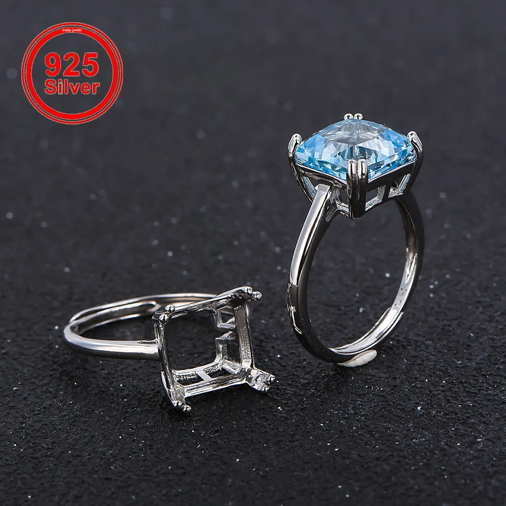 

S925 Sterling Silver Square Ring Mount Blank, Adjustable Open Ring Setting, Multi Sizes for DIY Jewelry Supplies