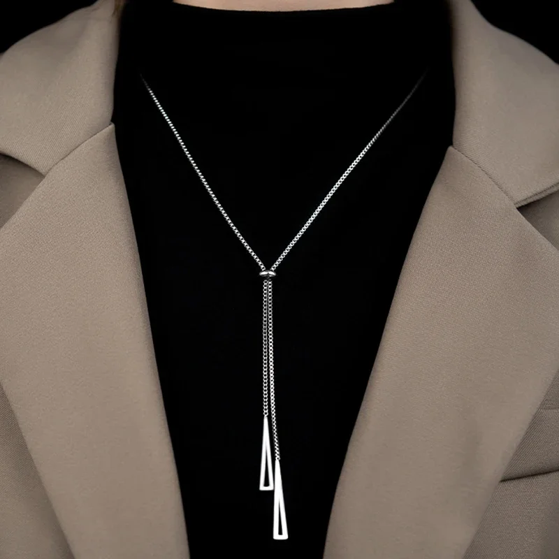 Simple Geometric Metal Long Tassel Sweater Chain Necklace For Women Men Trendy Triangle Sliver Winter Coat Metal Chain Necklaces