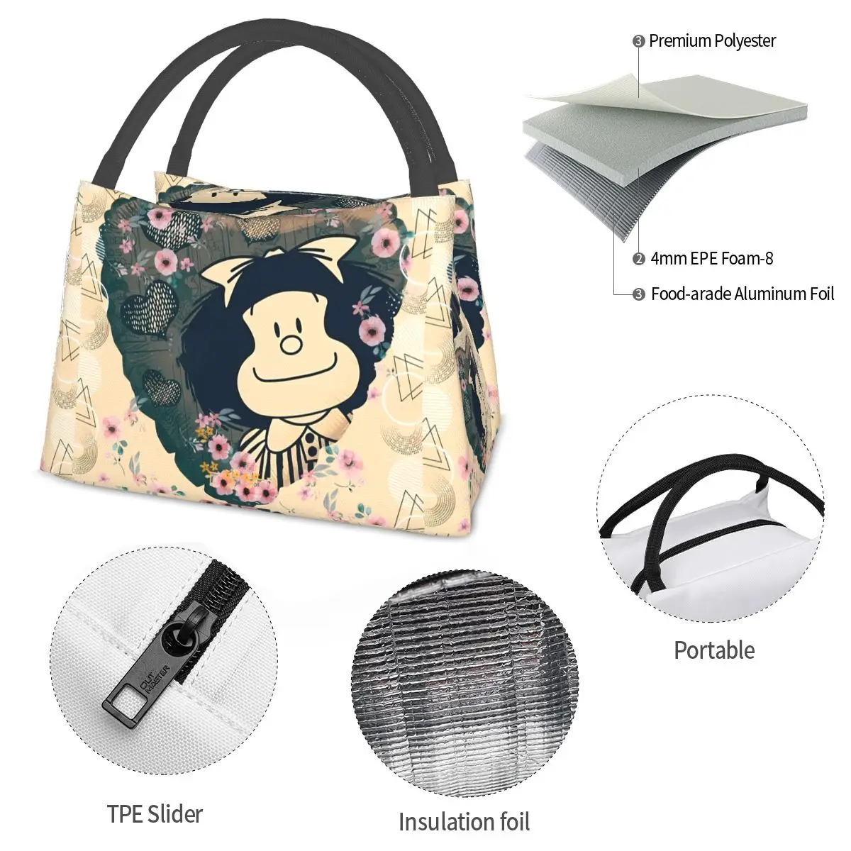 Mafalda Comic Lunch Bag Custom Printed Funny Lunch Box Travel Portable Insulated Tote Food Bags Print Cooler Bag