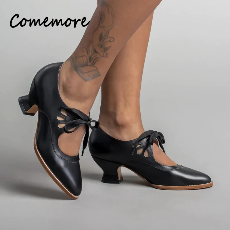 Comemores Woman Vintage Lace Up Low Heel Dress Zapatos Ladies Design Butterfly Wing Derby Shoes Retro Mary Jane Pump Plus Size