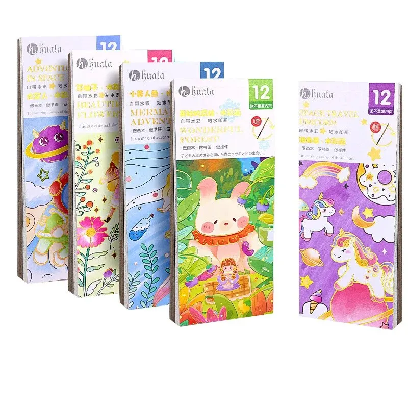 Kids Portable Watercolor Painting Book 12 Sheets Gouache Graffiti Picture 1 Pen Coloring Water Drawing Books Set Kids Toys Gifts