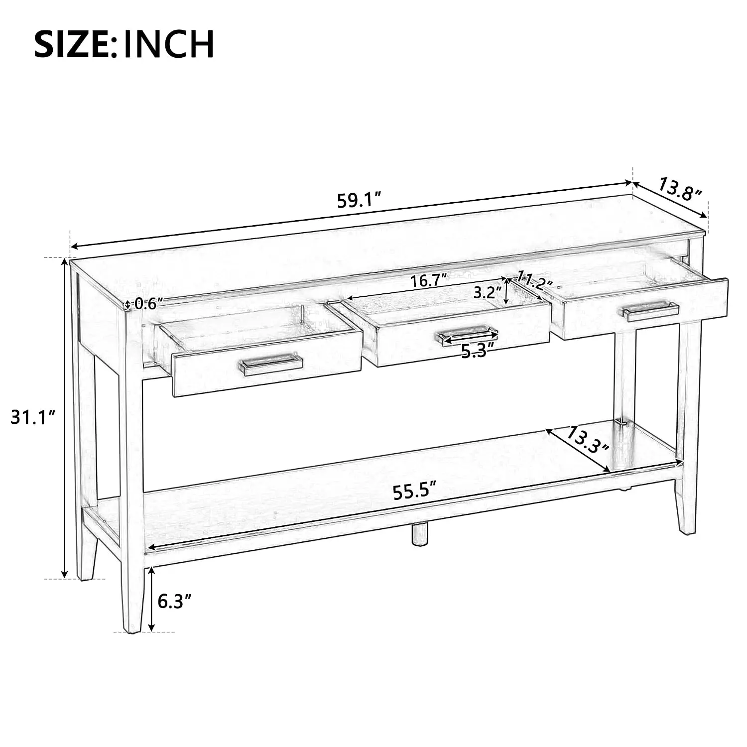 Console Table With 3 Drawers & Bottom Shelf, Wood Frame Behind Sofa Entryway Hallway, Grey, Customized