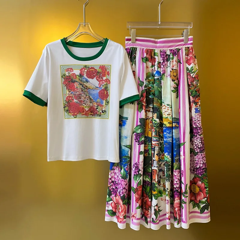 Quality Runway Summer Fall Flower Two Piece Set Women Skirts Suits Seaside Print Sexy Crop Tops T Shirts Long Maxi Skirt Outfits