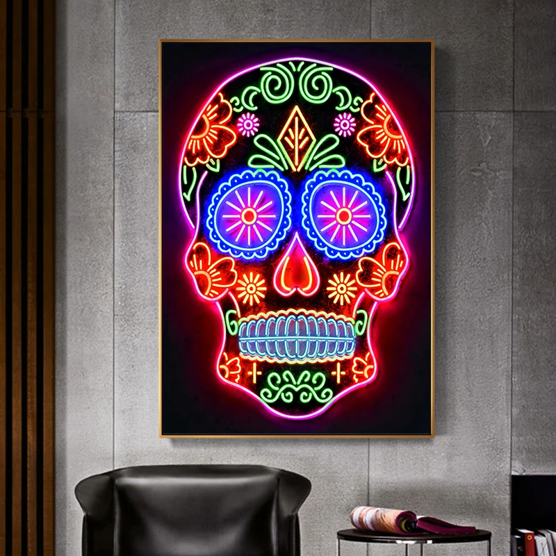 Abstract Neon Effect Colorful Skull Head Poster Canvas Painting Day of The Dead Pop Street Wall Art Picture for Bar Room Decor