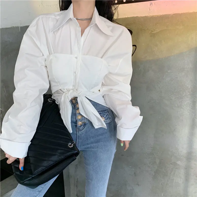 Spring Autumn POLO Collar Fashion Long Sleeve Shirt Women High Street Solid Color Button Cardigan French Style Patchwork Tops