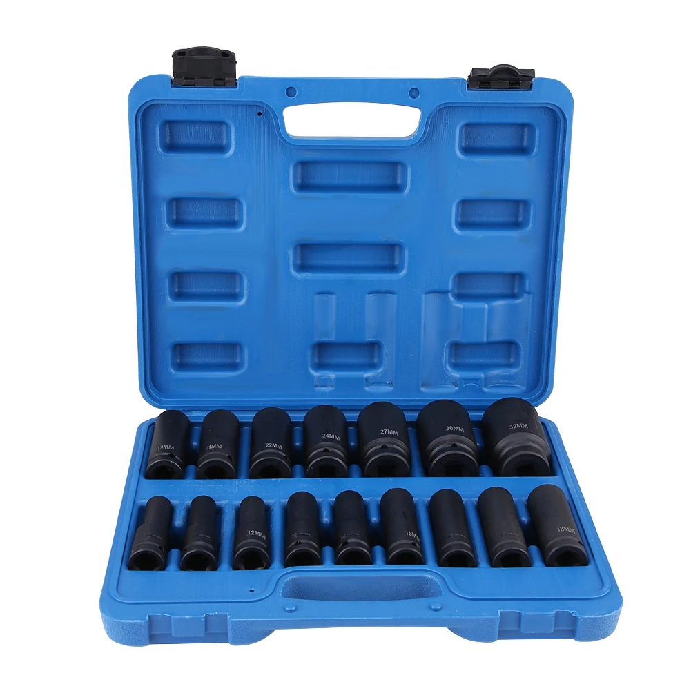 16Pcs 1/2Inch Drive Air Hex Bit Socket Set Repair Tool Kit 10mm 11mm 12mm 13mm 14mm 15mm 16mm 17mm 18mm 19mm 21mm 22mm 24mm 27mm