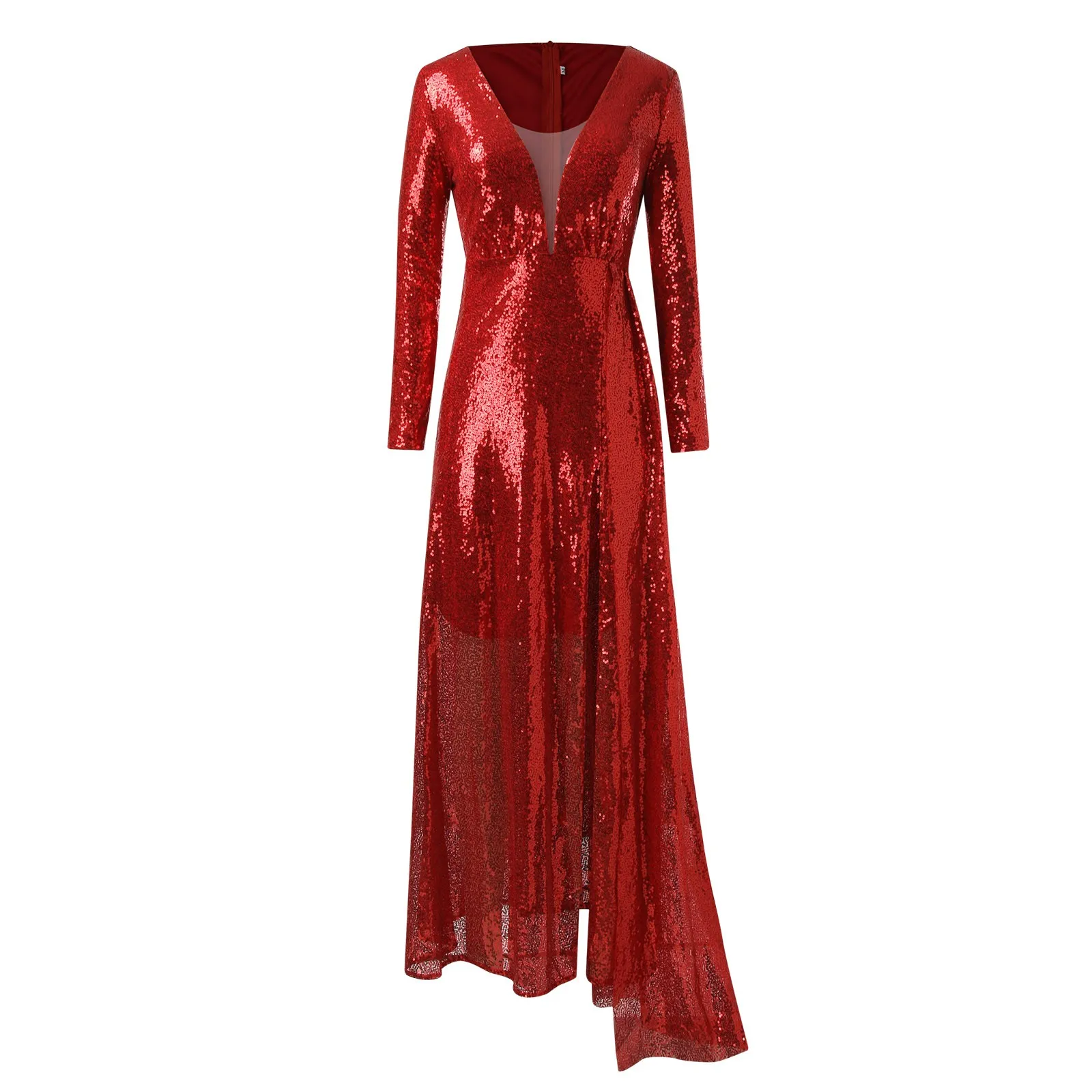 Red Dresses For Women Solid Color Long Sleeve Deep V Neck A-Line Side Slit Sequin Dress For Women Sexy Dresses For Women Date