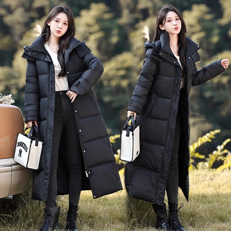 Giacca lunga in cotone caldo con cappuccio spesso per donna Versione coreana con giacca invernale in cotone nero di grandi dimensioni con lacci Alla moda w88