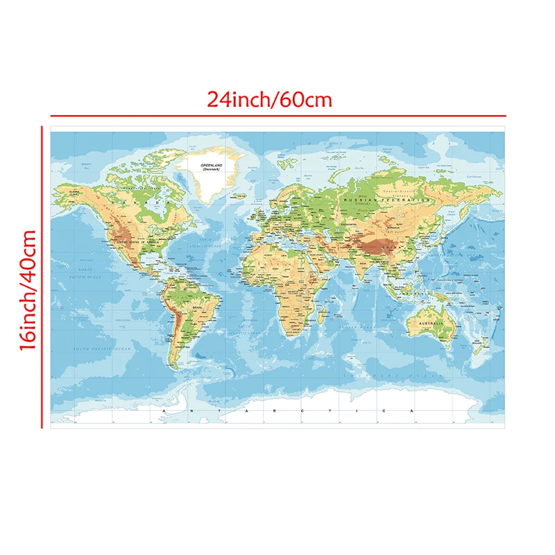 60*40cm The World Topography Map  Canvas Painting Wall Art Poster School Supplies Classroom Living Room Home Decoration